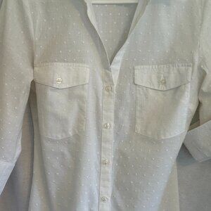 Ellen Tracy White Vntg Swiss Dot Button Up Blouse with 3/4 Sleeves, Size S